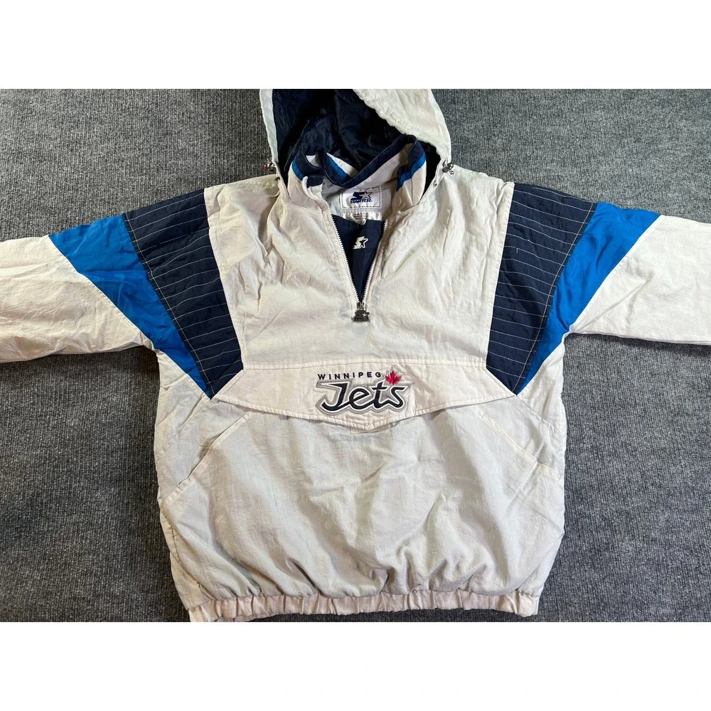 Vintage Starter Winnipeg Jets Jacket Mens Large White Blue 90s NHL Pullover Logo